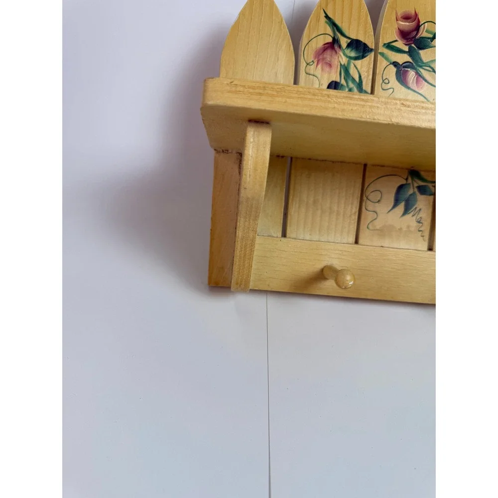 Vintage Hand Painted Wood Picket Fence Wall Shelf Pink Roses 3 Peg Rack 15in